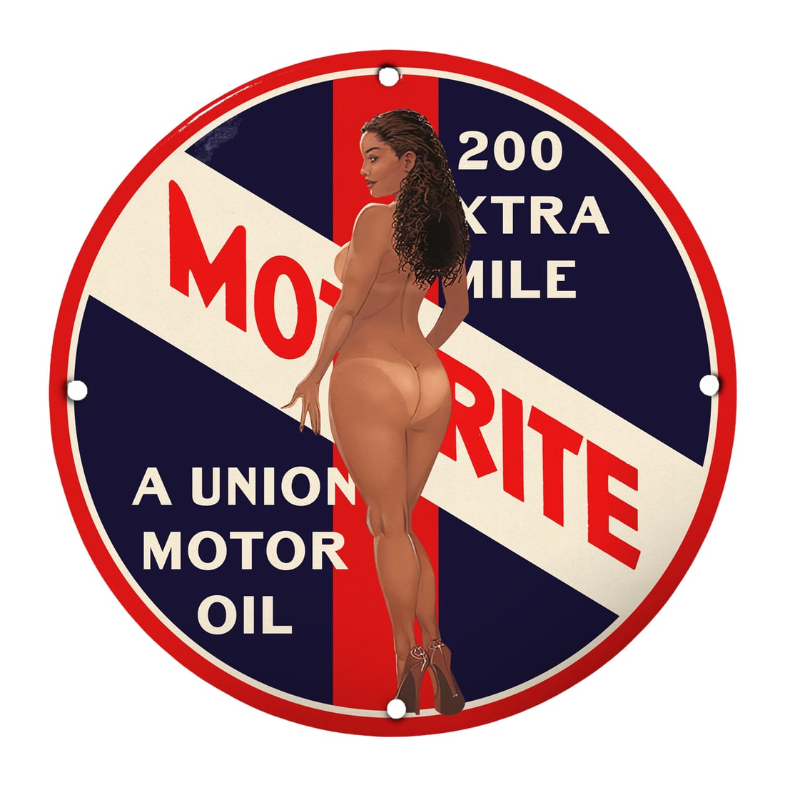 Classic Motrite Pinup Girl Porcelain Sign | Retro Automotive Memorabilia: Discover the allure of vintage aesthetics with this stunning 12-inch round porcelain sign featuring a pinup girl design that harkens back to the golden age of automotive advertising. Perfect for car e