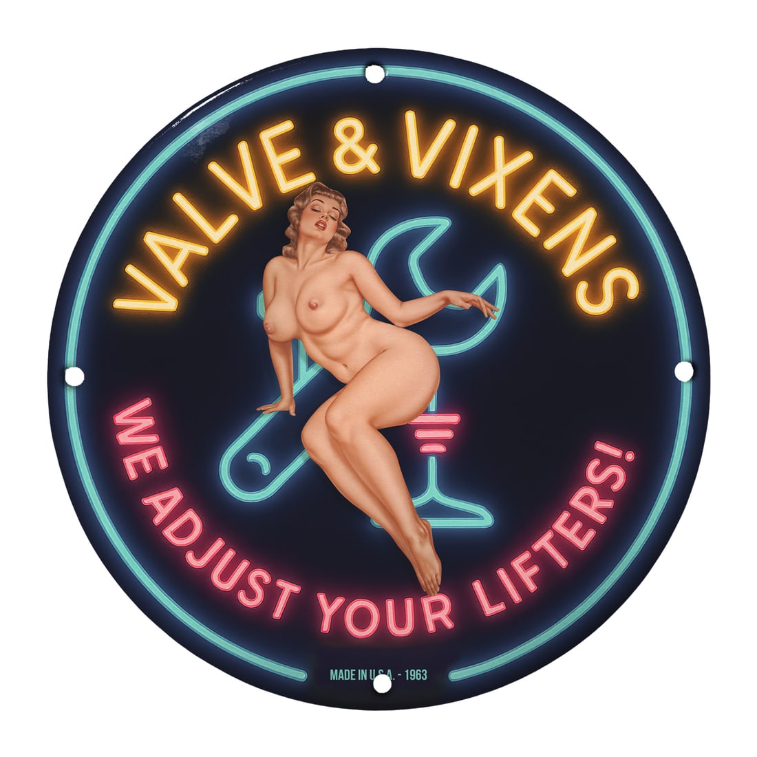 Vintage Porcelain Pinup Girl Sign - Valve & Vixens Neon Art ? 12" Round Collectible: Explore the charm of vintage Americana with this stunning 12-inch round porcelain sign featuring a captivating pinup girl design. This eye-catching piece, titled 'Valve & Vixens', combines a playful a