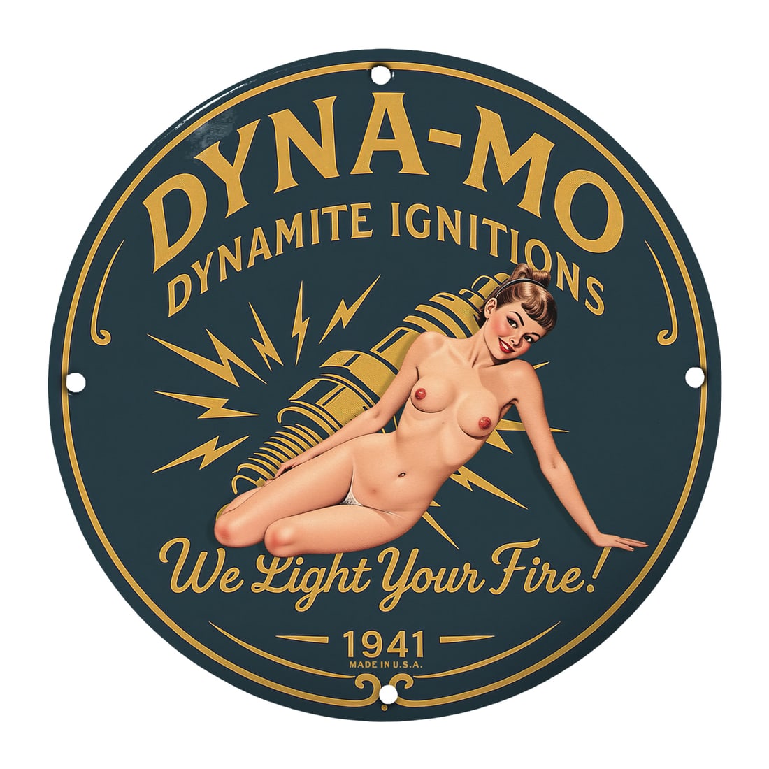 Dyna-Mo Porcelain Pinup Girl Sign: Ignite Your Collection!: Enhance your home decor or man cave with this stunning Dyna-Mo porcelain pinup girl model sign from 1941. This eye-catching 12-inch round sign features a playful depiction of a pinup girl, beautifully