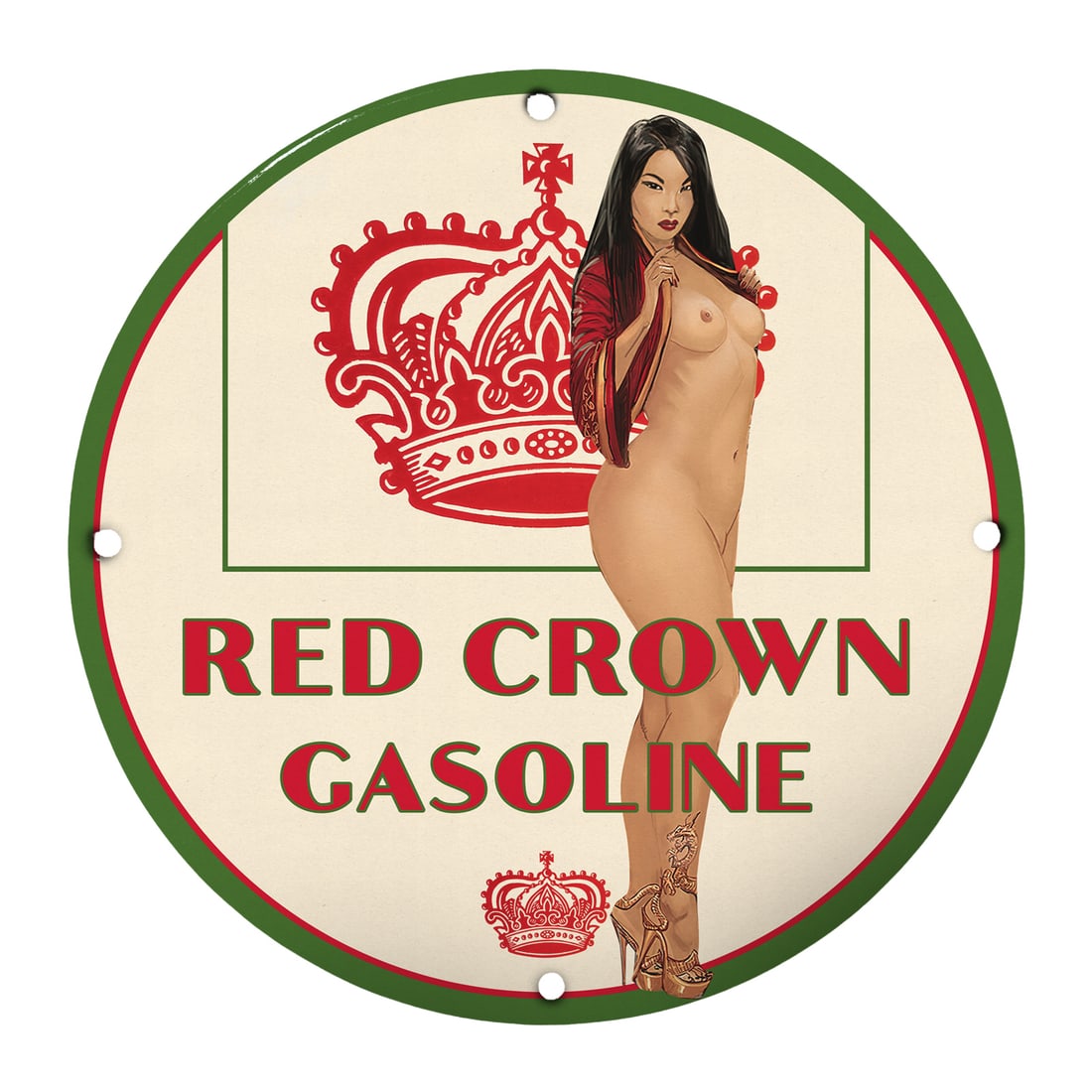 Vintage Red Crown Gasoline Pinup Girl Porcelain Sign - Collectible Decor: Revive the allure of classic Americana with this stunning 12-inch round porcelain sign featuring the iconic Red Crown Gasoline branding and an exquisitely illustrated pinup girl. This collector's item