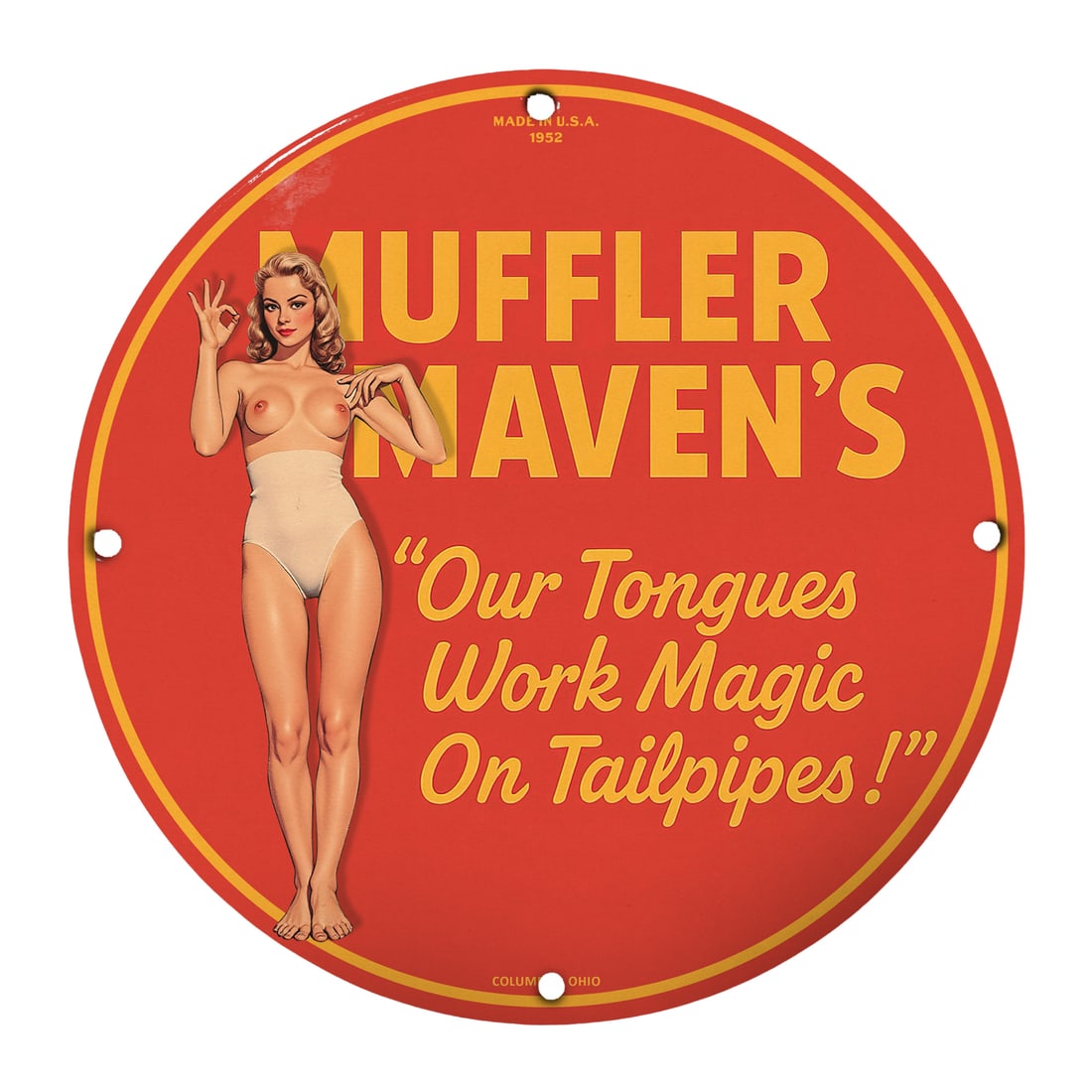 Vintage Muffler Maven's Pinup Girl Porcelain Sign - 12 Inch Round Collectible: Introducing the stunning vintage-inspired Muffler Maven's pinup girl porcelain sign, a must-have for collectors and enthusiasts of nostalgic Americana. Measuring 12 inches in diameter, this eye-catchi