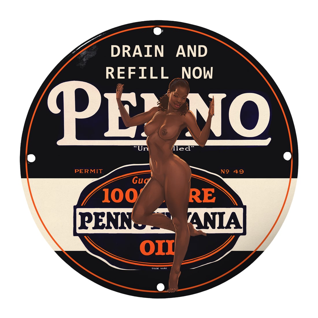 Vintage Pin-Up Style Pennsylvania Oil Porcelain Sign - 12" Round Decor: Step into a world of vintage charm and classic aesthetics with this stunning 12-inch round porcelain sign featuring a delightful pin-up girl themed around Pennsylvania Oil. This exquisite piece effort