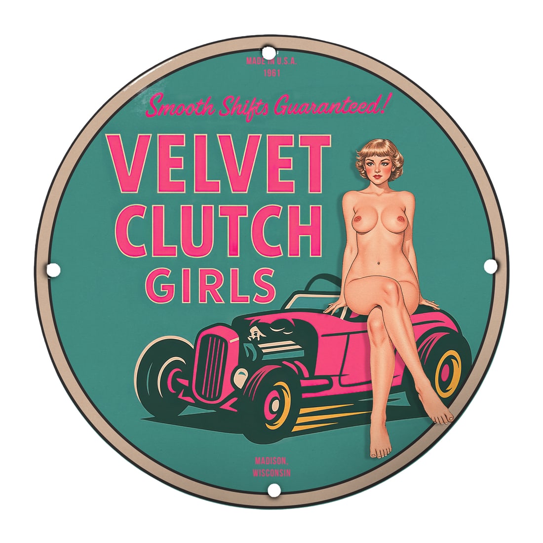 Vintage Velvet Clutch Girls - 12" Round Porcelain Pinup Sign: Classic Car Art: Discover a piece of automotive history with our stunning 12-inch round porcelain pinup girl sign featuring the captivating 'Velvet Clutch Girls' artwork. Crafted with precision in the USA in 1981, thi
