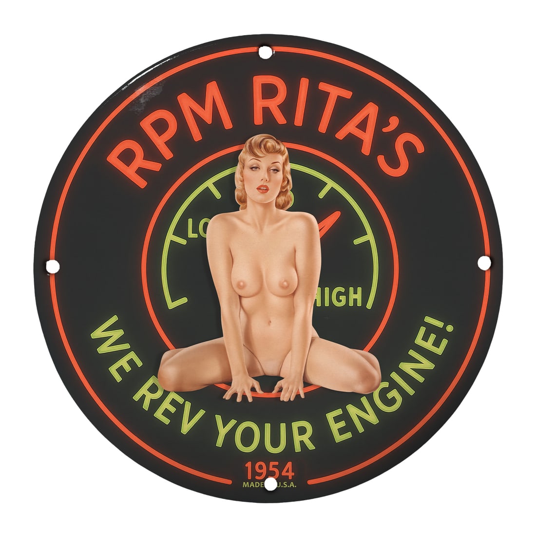 Vintage 1954 RPM Rita's Pinup Girl Porcelain Sign - Rev Your Engine!: Rev up your collection with this stunning 12-inch round porcelain sign featuring the iconic RPM Rita's pinup girl emblem from 1954. Perfect for car lovers and collectors, this piece is not just a sign