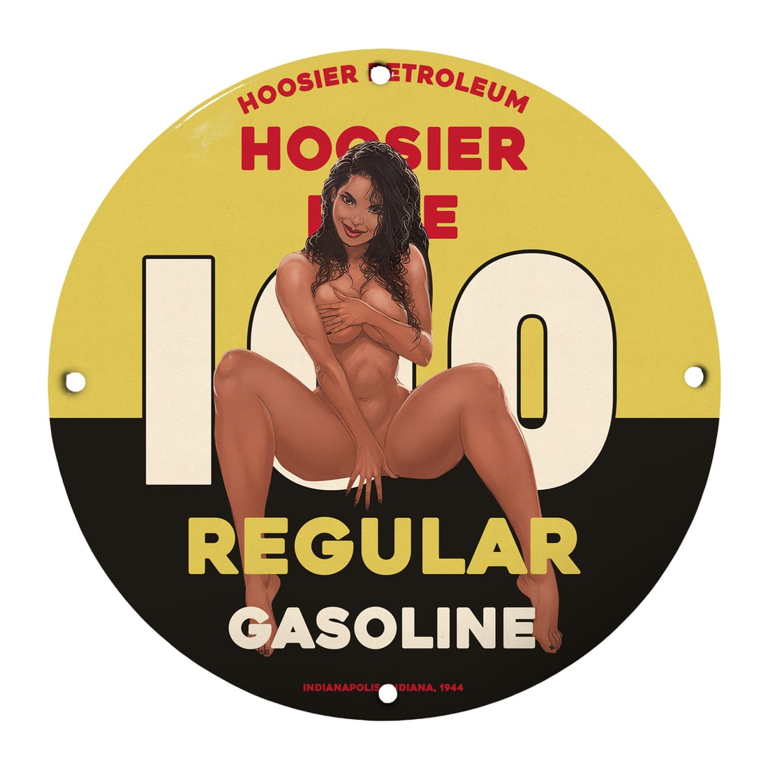 Vintage 1944 Hoosier Petroleum Pinup Girl Porcelain Sign - Classic Gasoline Decor: Step into a nostalgic era with this exceptional 12-inch round porcelain sign featuring a stunning pinup girl design, representing Hoosier Petroleum from 1944. This classic piece of Americana is not ju