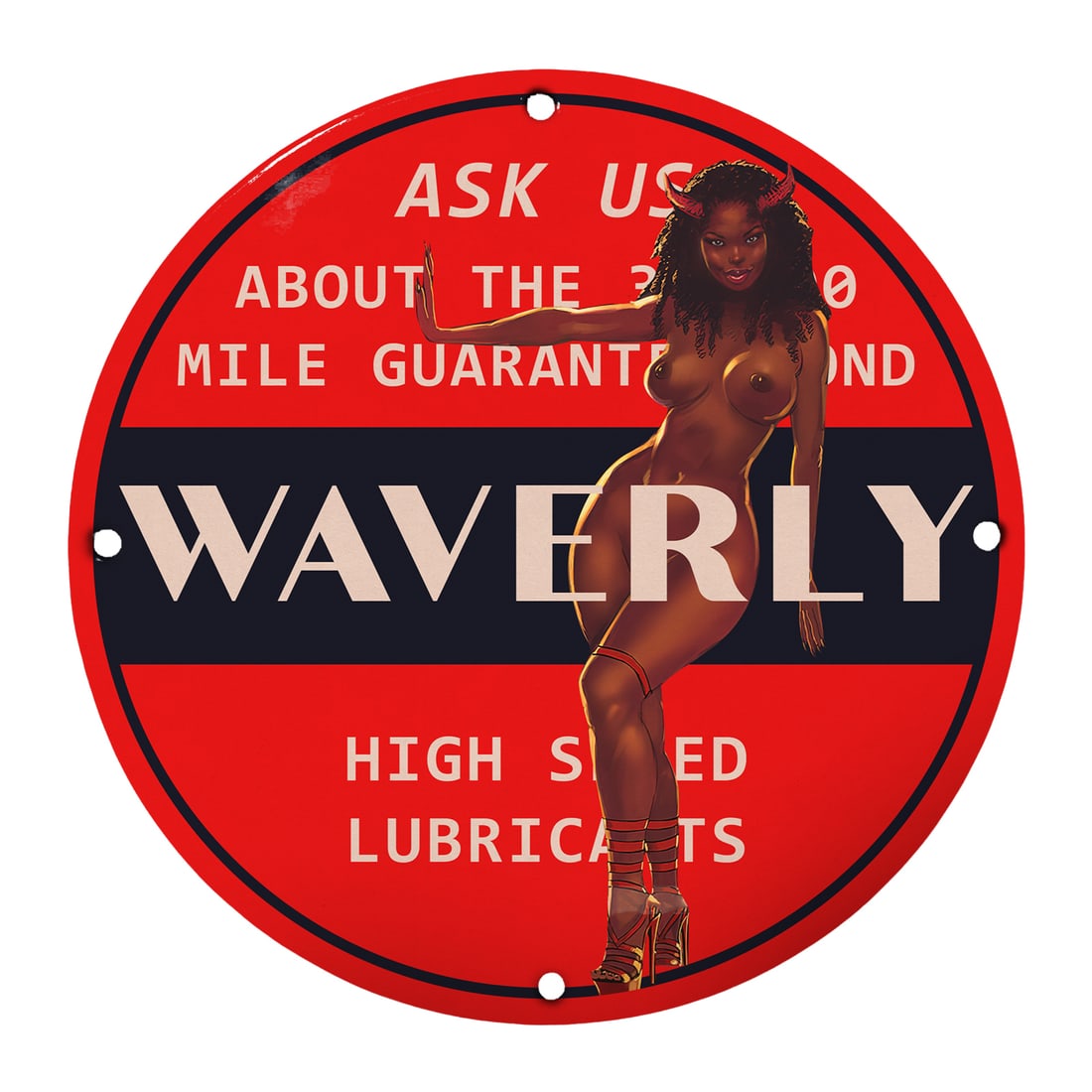 Vibrant Waverly Pinup Girl Model Sign for Vintage Collectors: Discover this stunning 12" round porcelain sign featuring the iconic Waverly pinup girl, a perfect addition for any vintage decor enthusiast! This high-quality sign showcases a striking image of a bea