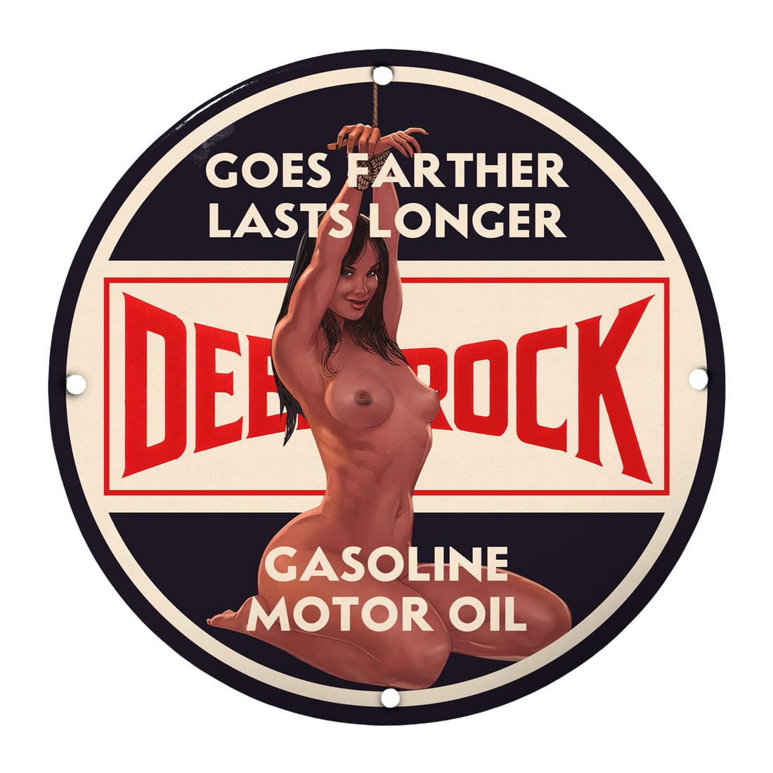 Vintage Pinup Girl Porcelain Sign - Classic Deep Rock Motor Oil: Discover the allure of retro charm with this 12-inch round porcelain pinup girl model sign featuring a captivating depiction of a vintage pinup alongside the classic Deep Rock branding. This eye-catch
