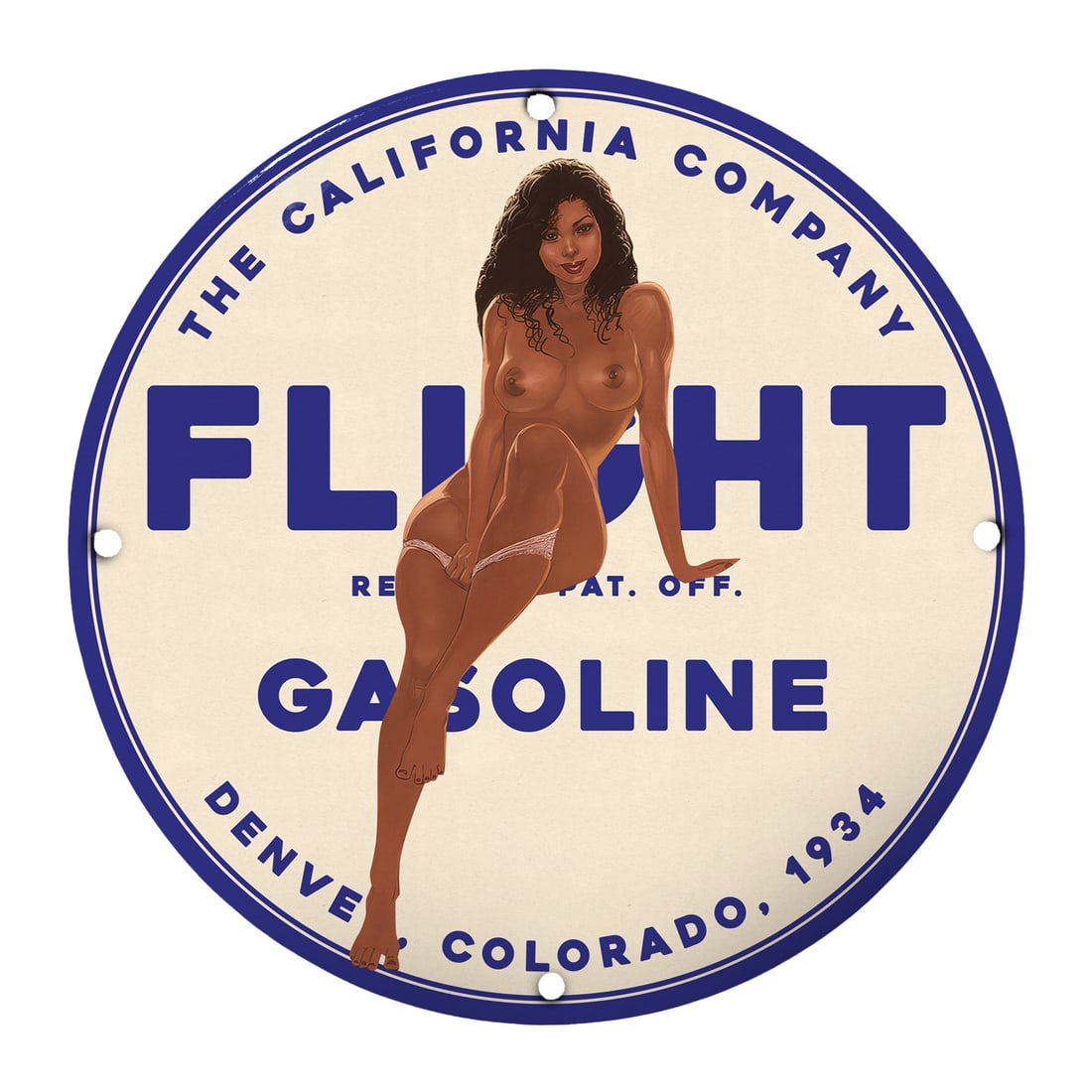 Vintage 1934 Flight Gasoline Pinup Girl Porcelain Sign - Retro Art Decor: This stunning 12-inch round porcelain sign features a captivating pinup girl illustration, a hallmark of classic Americana style. Made for collectors and enthusiasts alike, this sign is perfect for ad