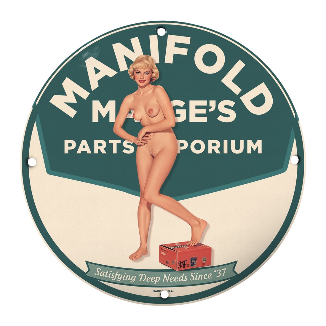 Vintage Pinup Girl Porcelain Sign for Manifold Mage's Parts Emporium: Step into a world of nostalgia with this exquisite 12-inch round porcelain sign, featuring a striking pinup girl design that harks back to the classic American style of the mid-20th century. This coll