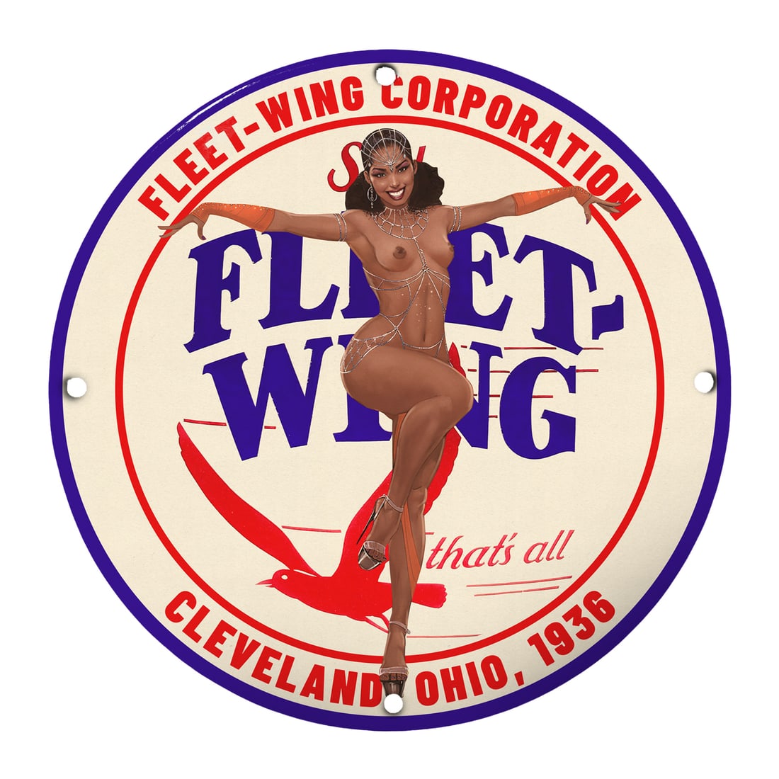 Vintage Fleet Wing Pinup Girl Porcelain Sign - Classic Collectible Art: Celebrate the allure of vintage Americana with our exquisite 12-inch round porcelain sign featuring a stunning pinup girl design associated with Fleet Wing Corporation, originally crafted in Cleveland