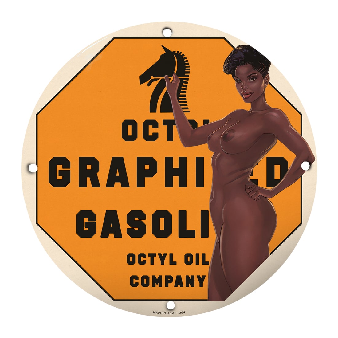 Vintage 12-Inch Round Porcelain Pinup Girl Sign - Classic Octyl Oil Company Gasoline: This stunning 12-inch round porcelain pinup girl sign is a must-have for vintage enthusiasts and collectors alike. Created in homage to the iconic fashion and advertising styles of the mid-20th centur