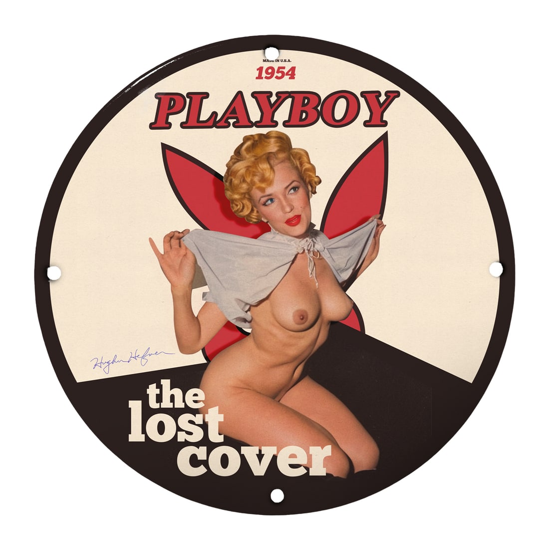 Iconic 1954 Playmate Sign - The Lost Cover Pinup Girl Art: Discover this exquisite 12-inch round porcelain sign that captures the essence of vintage charm and allure. Titled 'The Lost Cover' and depicting a stunning pinup model from the 1954 edition of Playbo