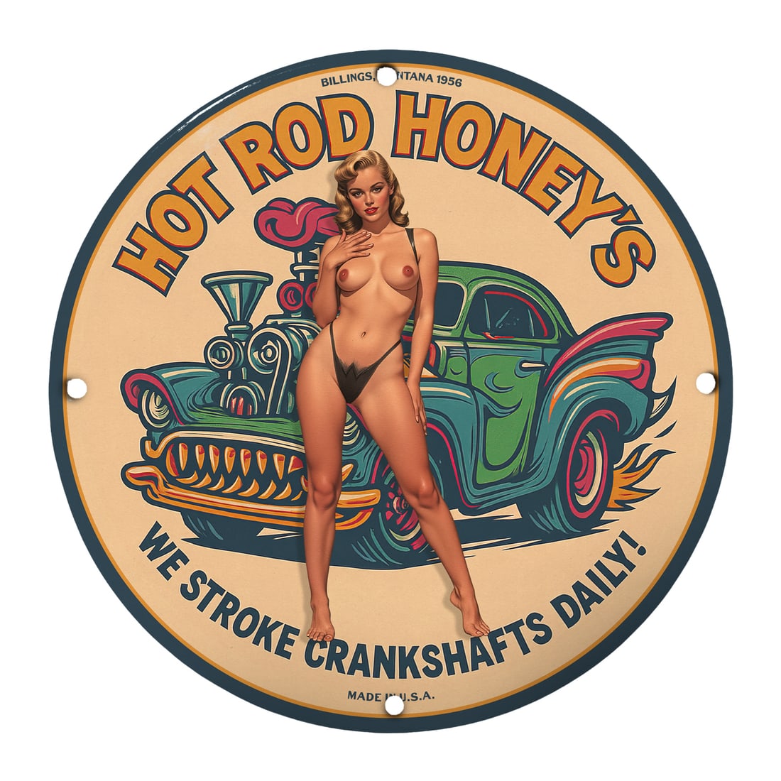 Vintage Pinup Girl Hot Rod Honey's Porcelain Sign - Classic Nostalgia: Rev up your decor with this stunning 12-inch round porcelain sign featuring the iconic ?Hot Rod Honey's? pinup girl. Created in 1956 in Billings, Montana, this sign beautifully captures the spirit of 