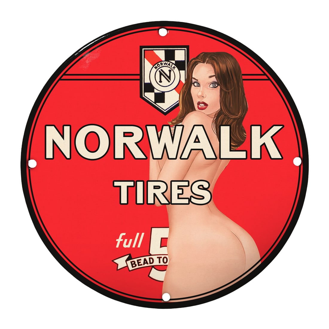 Vintage Norwalk Tires 12" Porcelain Pinup Girl Sign - Classic Automotive Decor (1 of 1)