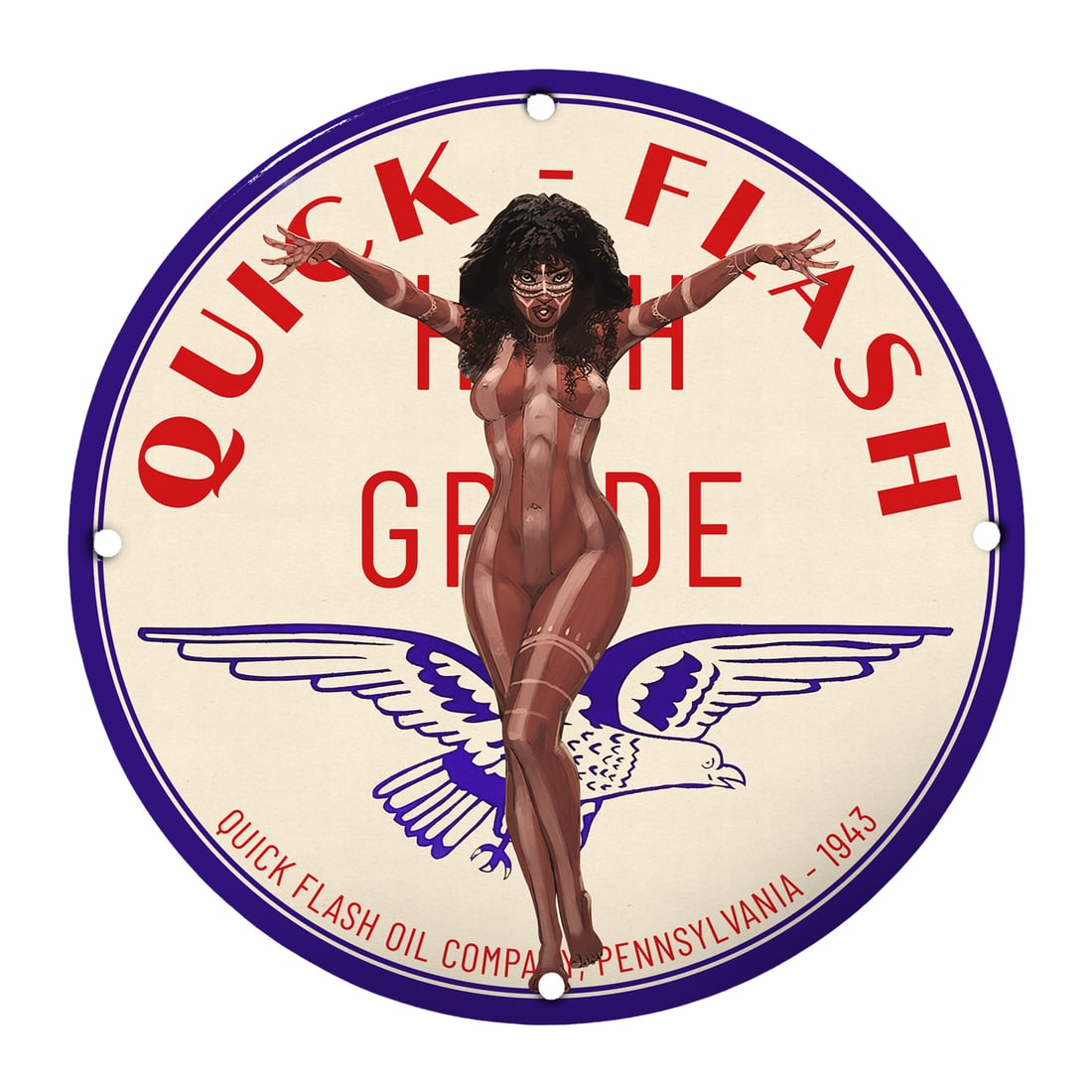 Vintage 1940s Quick Flash High Grade Oil Pinup Girl Sign: Step back in time with this captivating 12-inch round porcelain sign featuring an alluring pinup girl styled in a vintage 1940s aesthetic. The design encapsulates the essence of mid-century Americana,