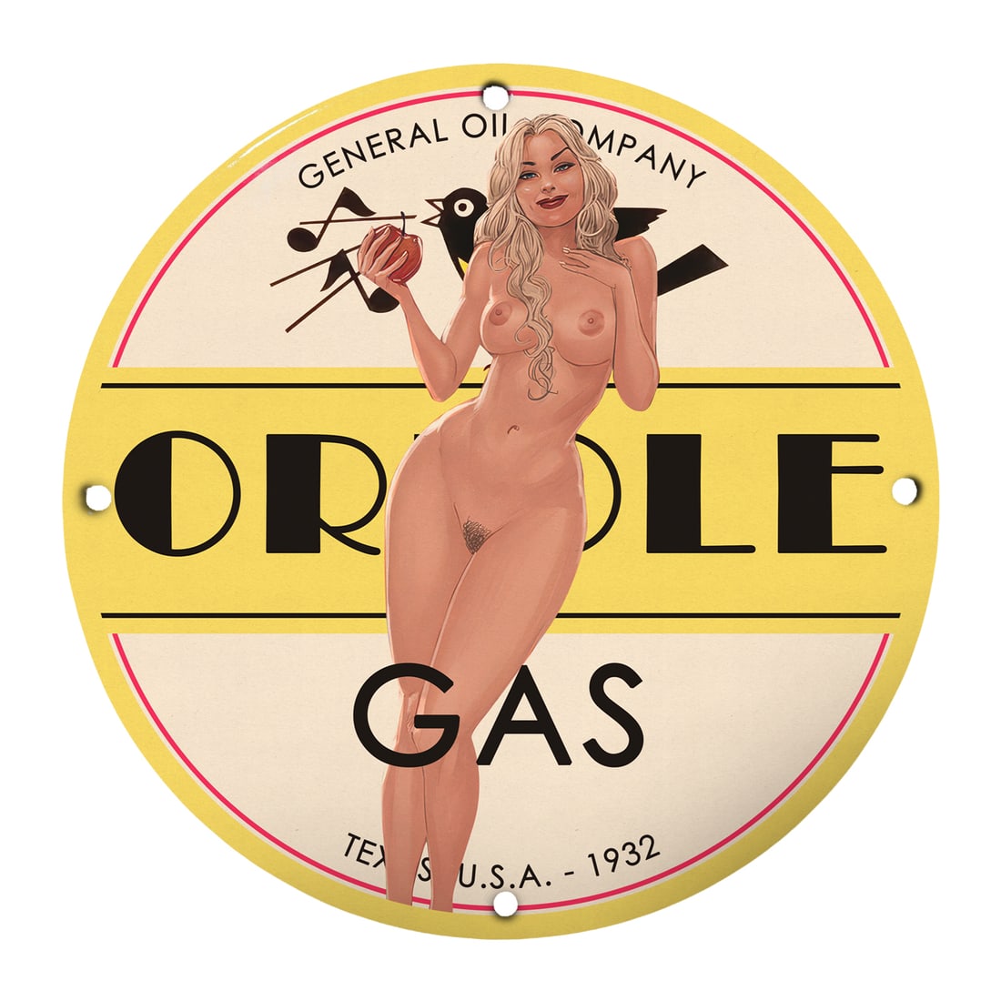 Vintage 12" Pinup Girl Porcelain Sign - Oriole Gas Company (1932): Discover a stunning piece of nostalgia with this 12-inch round porcelain sign featuring a captivating pinup girl for Oriole Gas Company, established in Texas, USA in 1932. Ideal for collectors of vint