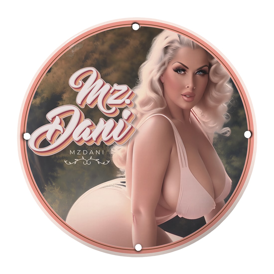 Stunning 12" Round Porcelain Pinup Girl Sign ? Mz. Dani ? Vintage Charm: Bring a touch of vintage glamour and allure to your space with our exquisite 12-inch round porcelain pinup girl sign featuring the captivating Mz. Dani. Designed for enthusiasts of retro art and pop c