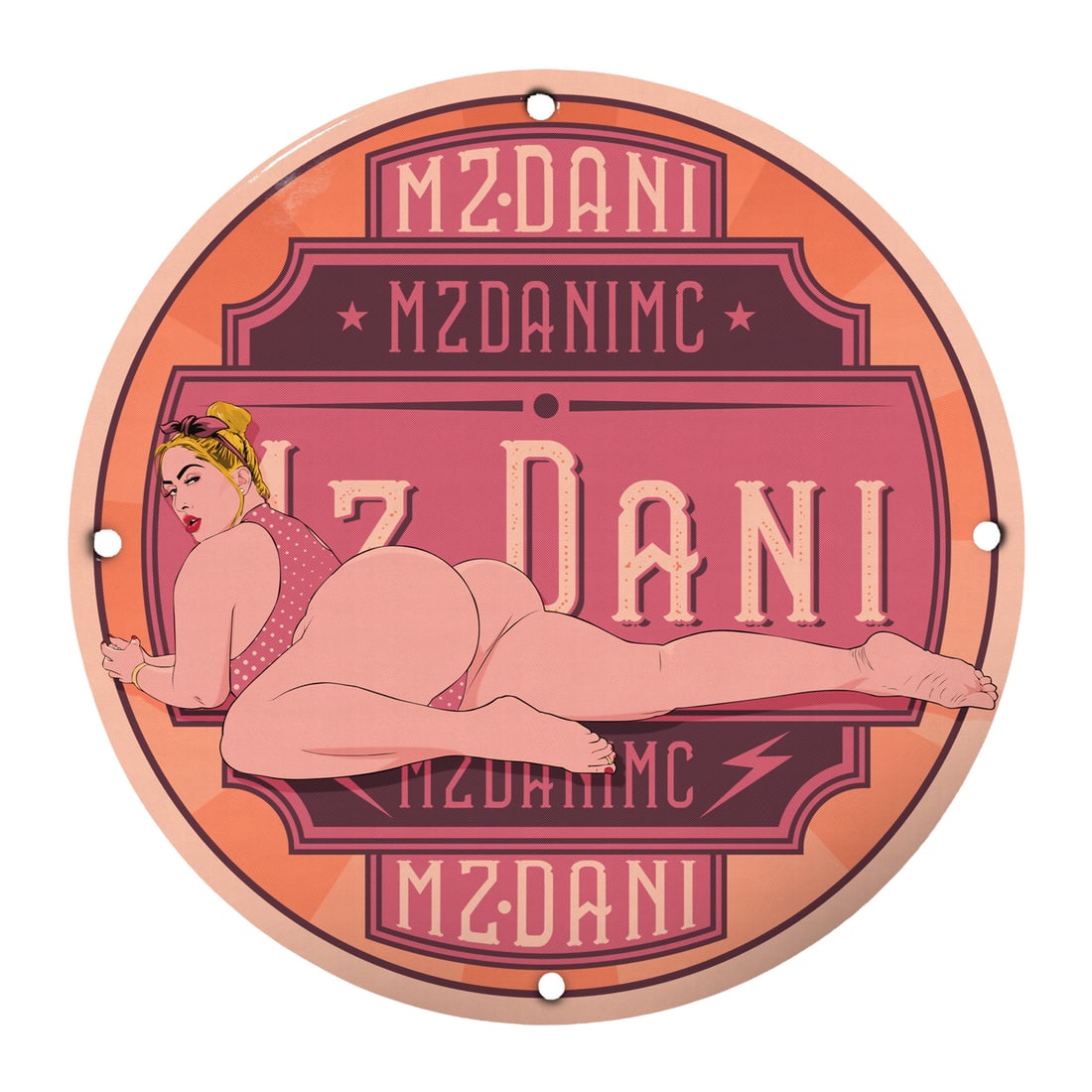 Vintage Mz Dani 12" Round Porcelain Pinup Girl Sign - Retro Art for Collectors: Step into a world of nostalgia and charm with our striking 12-inch round porcelain sign featuring the alluring Mz Dani pinup girl. This exquisite piece is designed to capture the essence of vintage pi