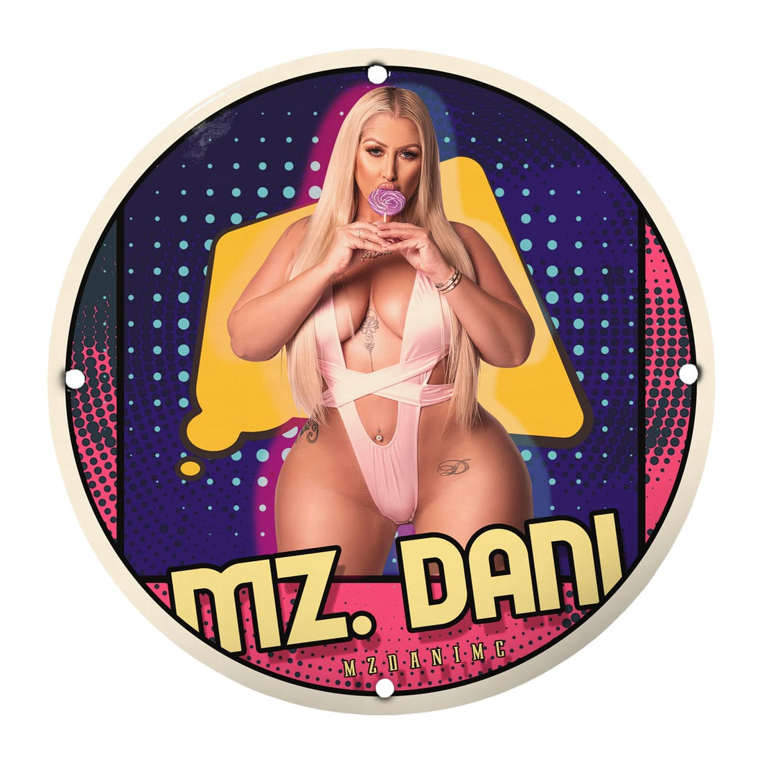 Eye-Catching 12" Porcelain Pinup Girl Sign Featuring Mz. Dani: Introducing an eye-catching 12-inch round porcelain sign featuring the captivating portrait of Mz. Dani, a striking pinup model renowned for her charisma and style. Perfect for collectors of vintage-i