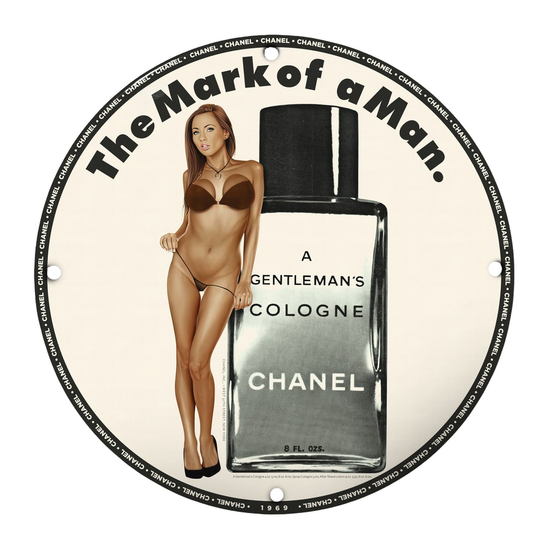 Vintage Pin-Up Girl Porcelain Sign ? The Mark of a Man Chanel Cologne: Elevate your decor with this stunning 12-inch round porcelain sign featuring a captivating vintage pin-up girl, showcasing the iconic Chanel cologne. Perfectly blending nostalgic charm with modern sty