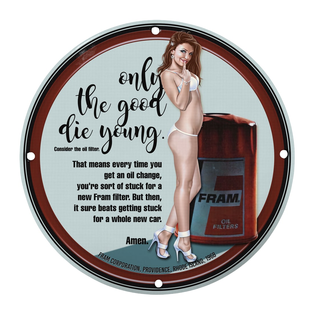 Vintage Charm: Pinup Girl Oil Filter Sign with Humorous Twist: Introducing a striking 12-inch round porcelain sign featuring an alluring pinup girl, a nod to classic Americana and vintage advertising. This sign is not just a piece of decor; it?s a blend of humor 