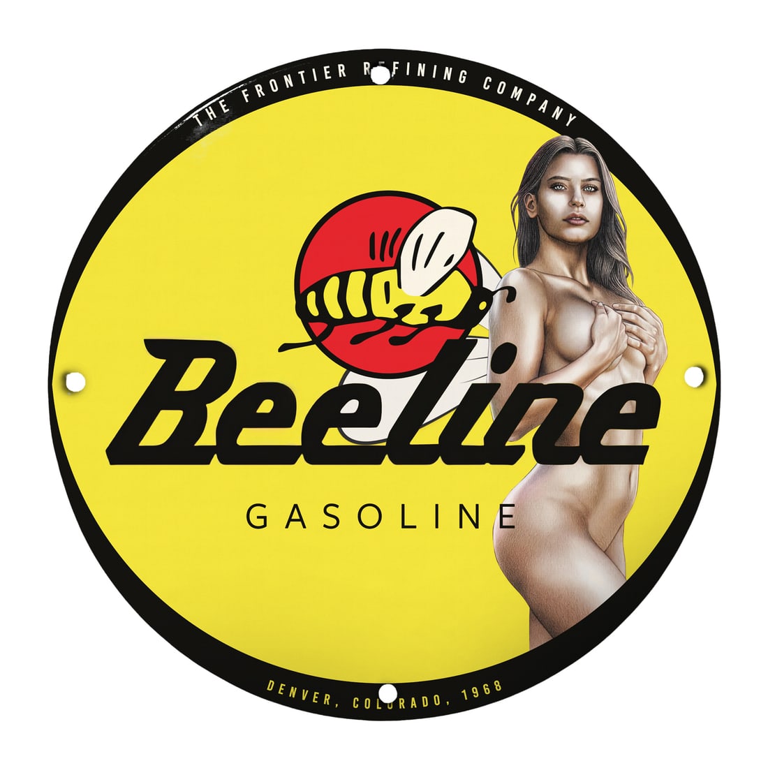 Vintage Beeline Gasoline Pinup Girl Porcelain Sign - Classic Retro Decor: Elevate your space with this stunning 12-inch round porcelain pinup girl model sign featuring the iconic Beeline Gasoline logo. This collectible piece is not just a decoration; it's a slice of America