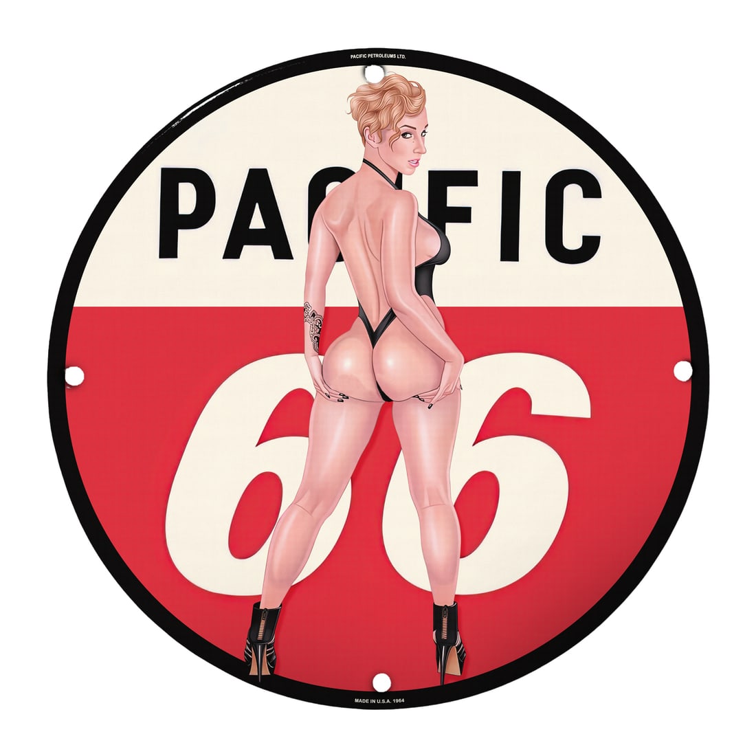 Vintage 12" Porcelain Pinup Girl Sign - Retro Pacific 66 Art for Collectors: Introduce a piece of Americana to your collection with this stunning 12-inch round porcelain sign featuring a striking pinup girl design. Perfect for enhancing your vintage decor, this sign showcases 