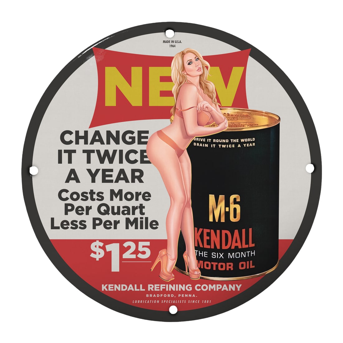 Vintage Pinup Girl Motor Oil Sign - Classic Porcelain Collectible for Auto Enthusiasts: Add a touch of nostalgic flair to your collection with this stunning 12-inch round porcelain pinup girl model sign featuring the iconic Kendall motor oil advertisement. This vintage-inspired piece is 