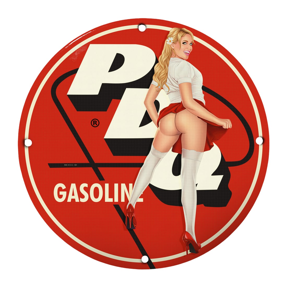 Vintage Pinup Girl Porcelain Sign - Retro Gasoline Advertisement (12" Round): Discover a striking addition to your home decor with this Vintage Pinup Girl Porcelain Sign, a stunning representation of retro American art. This 12" round sign features a vibrant and bold design tha