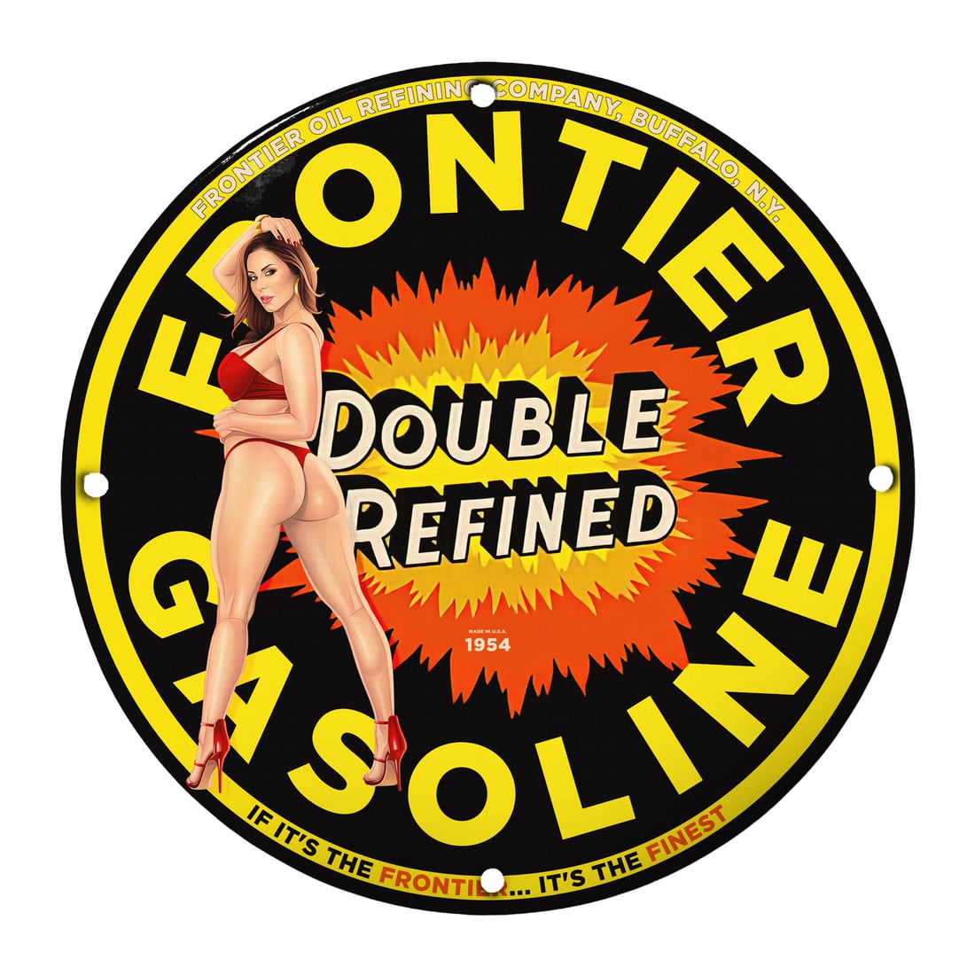 Vintage 1954 Frontier Gasoline Porcelain Pin-Up Girl Sign - Collectible Nostalgia: Discover a piece of nostalgic Americana with this stunning 12" round porcelain sign featuring a classic pin-up girl. Originating from the Frontier Oil Refining Company in Buffalo, NY, this sign captur