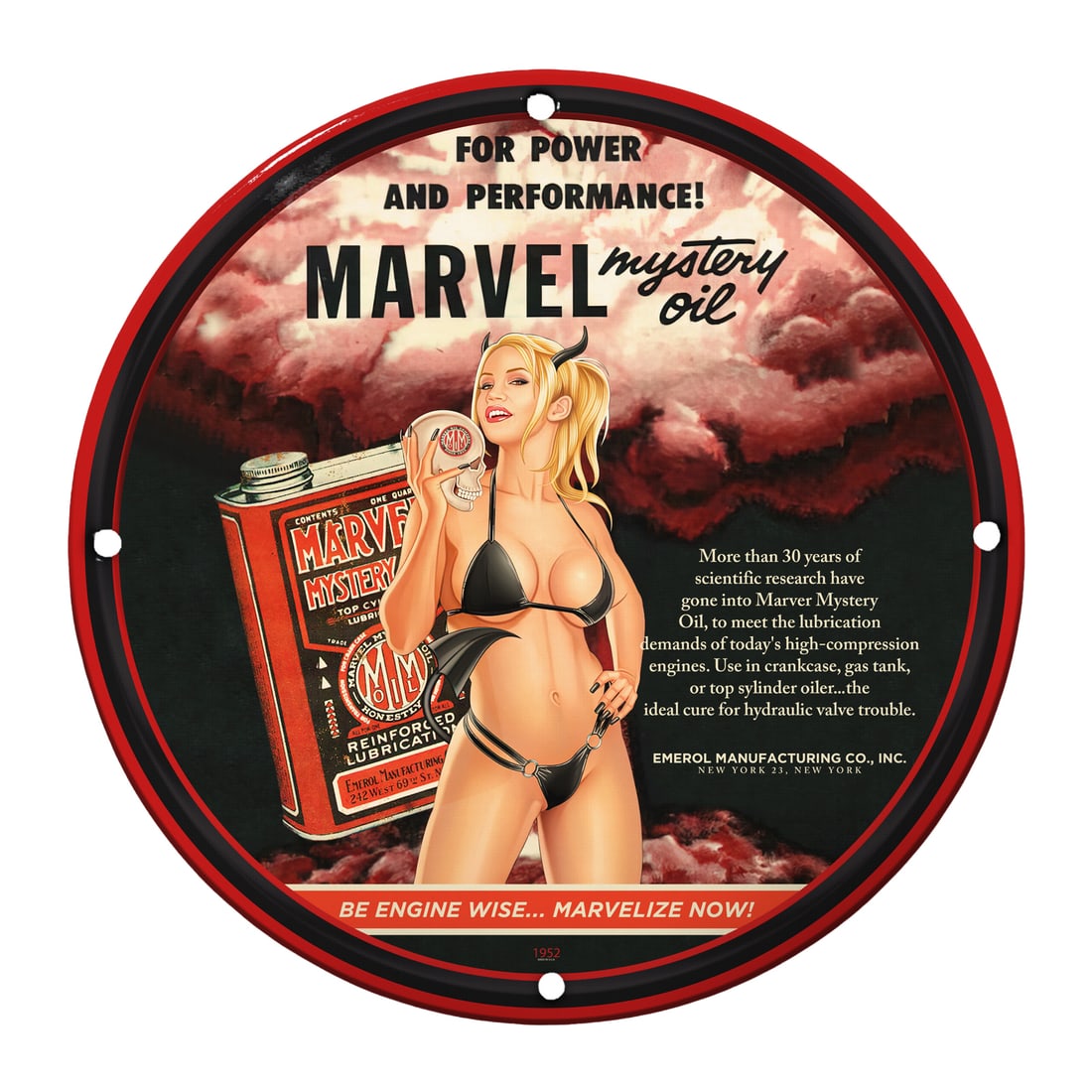 Vintage Marvel Mystery Oil Porcelain Pinup Girl Sign - Classic Automotive Decor: Discover this stunning 12-inch round porcelain pinup girl model sign featuring the iconic Marvel Mystery Oil advertisement. A perfect blend of nostalgia and functionality, this collectible sign is des