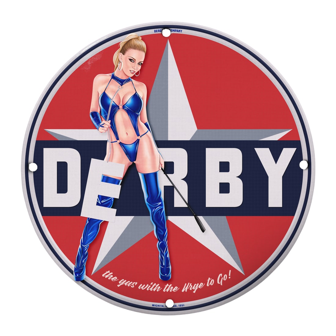 Vintage Derby Pinup Girl Porcelain Sign - A Retro Classic for Collectors: Discover the allure of vintage Americana with the exquisite 12-inch round porcelain sign featuring a stunning pinup girl emblazoned with the recognizable 'DERBY' logo. This collectible piece combines 