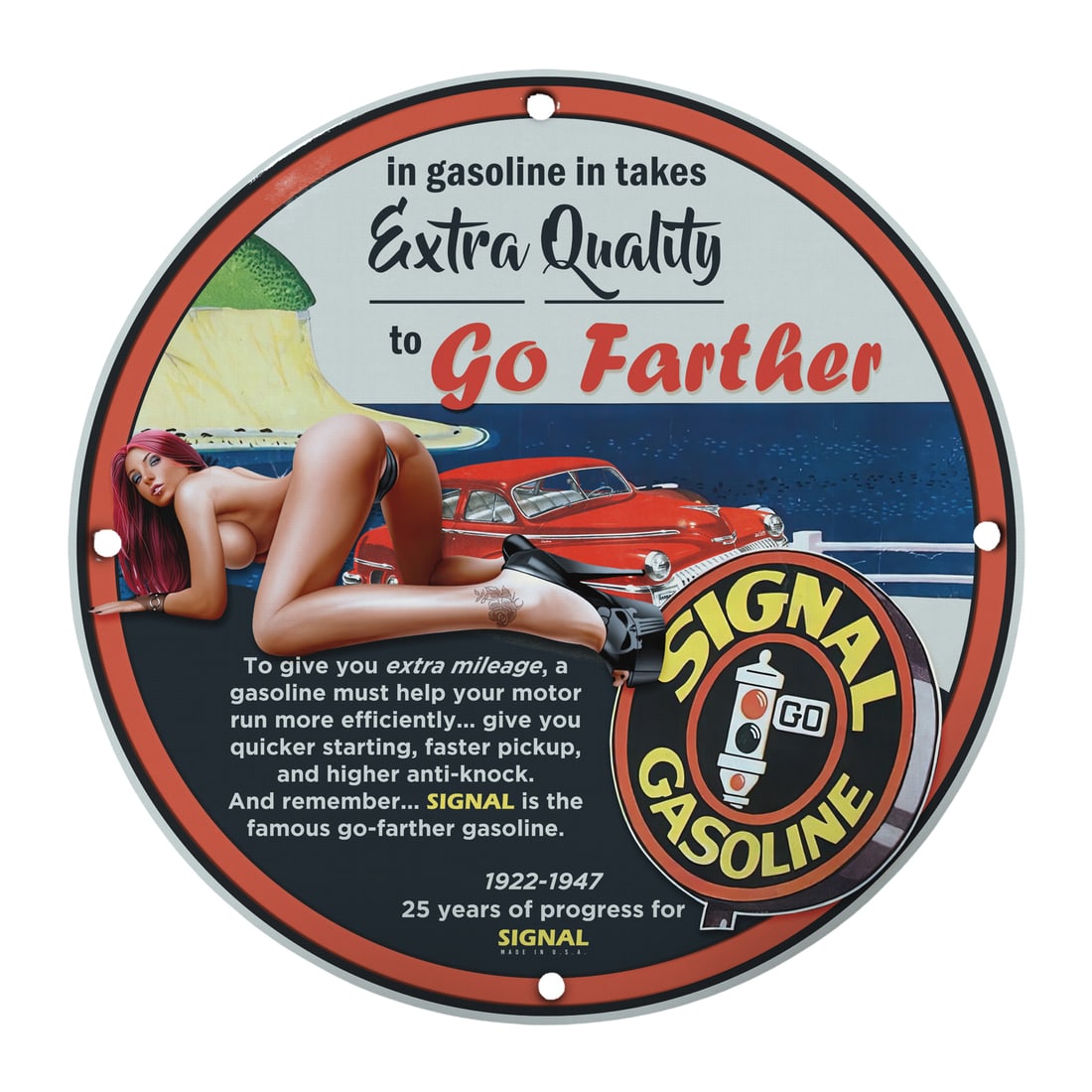 Vintage Pin-Up Girl Sign: Extra Quality Signal Gasoline - 12" Round Porcelain Art: Add a touch of nostalgia and charm to your space with this stunning 12-inch round porcelain sign featuring a classic pin-up girl and a vintage Signal Gasoline advertisement. Perfect for collectors, en