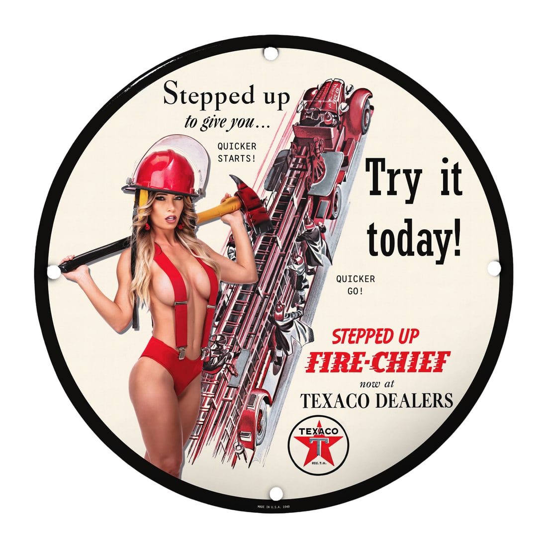 Vintage Pinup Girl Fire-Chiefs Sign - Quicker Starts by Texaco Dealers: Step back into the golden age of automotive advertising with this stunning 12-inch round porcelain sign featuring a captivating pinup girl in full fire chief regalia. This sign is more than just a dec