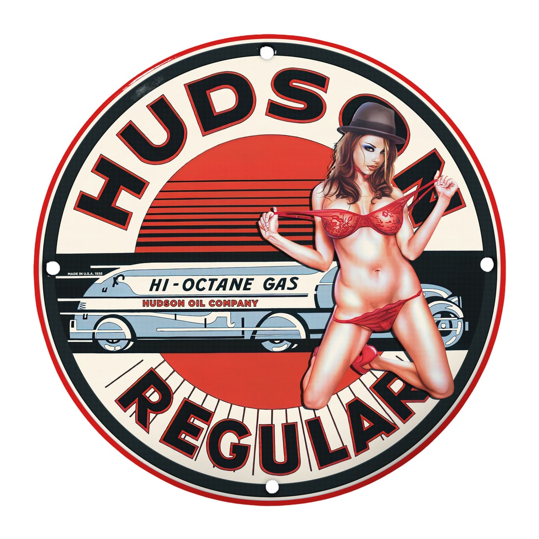 Vintage Hudson Gas Pinup Girl Sign - 12" Round Porcelain Decor: Elevate your collection with the stunning 12" round porcelain pinup girl sign featuring Hudson Oil Company's iconic design. This vintage-inspired sign showcases a mesmerizing pinup model, elegantly po