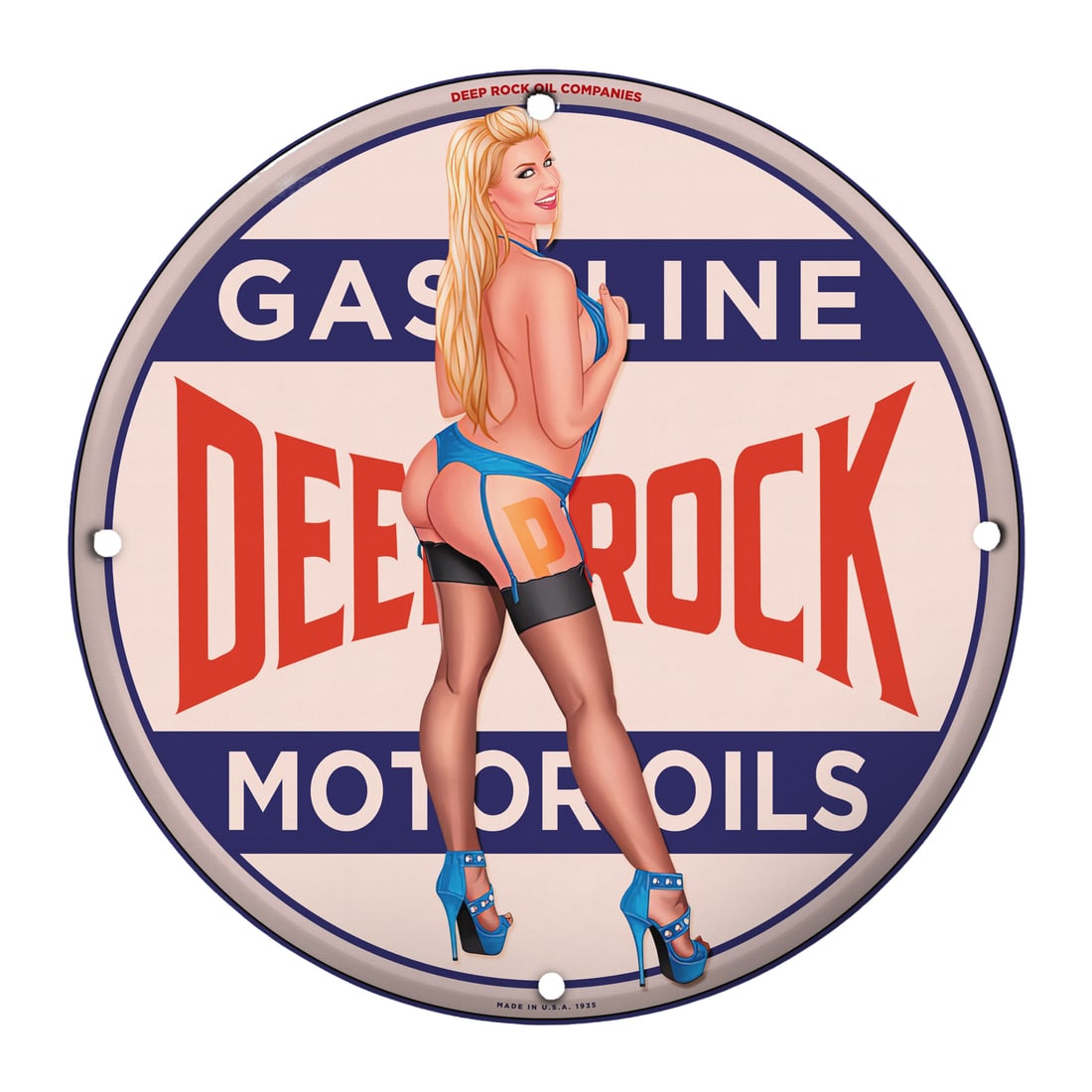 Authentic 12" Deep Rock Motor Oils Pinup Girl Porcelain Sign - Vintage Gasoline Decor: Step back in time with our exquisite 12-inch round porcelain pinup girl model sign featuring the iconic Deep Rock Motor Oils logo. This vintage-inspired collectible, crafted in high-quality porcelain,
