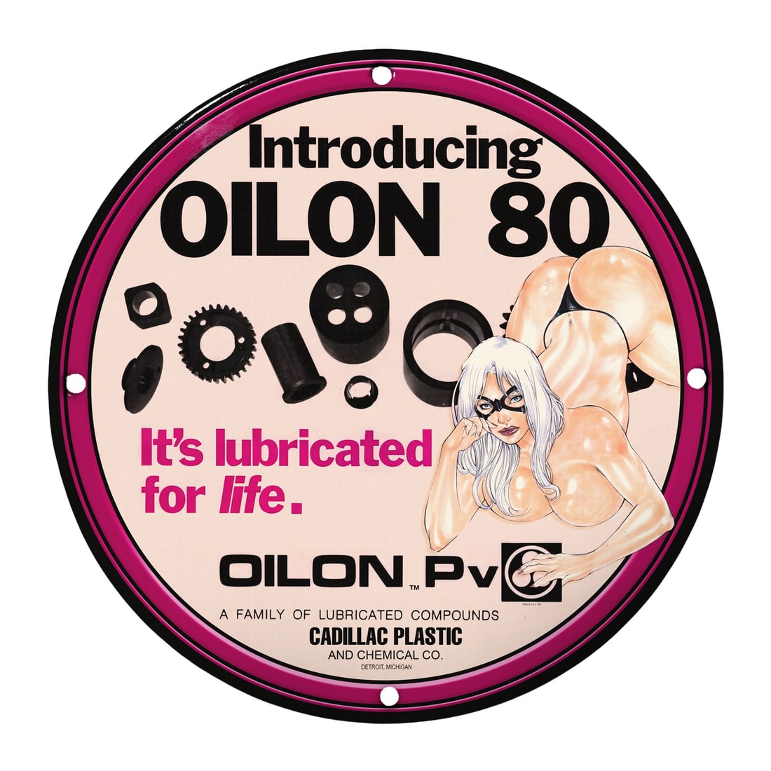 Vibrant Oilon 80 Pinup Girl Porcelain Sign ? Vintage Advertising Decor for Collectors: Elevate your home or garage decor with this stunning 12-inch round porcelain sign featuring a captivating pinup girl design that embodies the playful nostalgia of vintage advertising. This Oilon 80 si