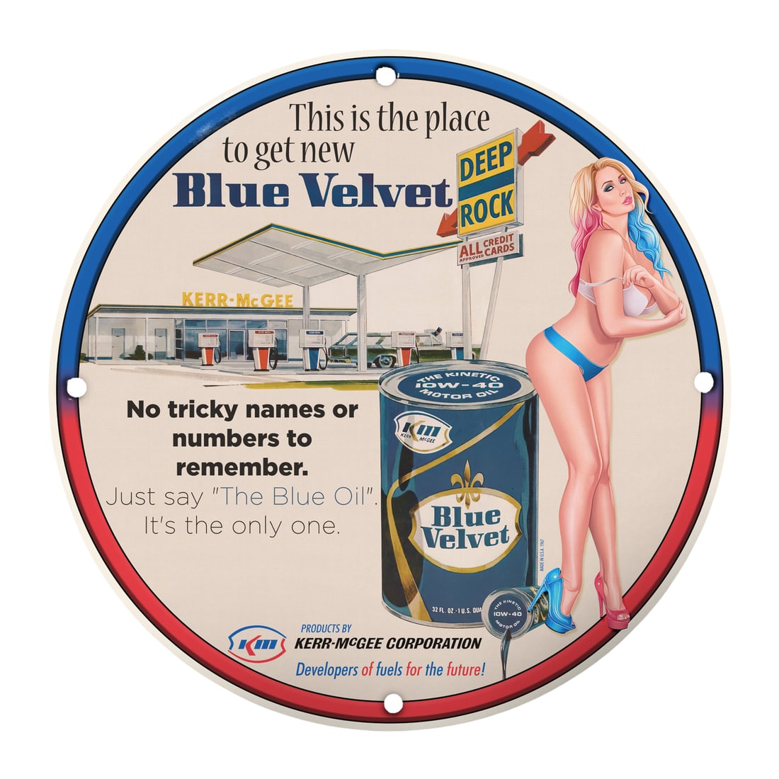 Retro Blue Velvet Motor Oil Pinup Sign - Classic Porcelain 12" Round Decor: Discover the charm of vintage advertising with this exquisite 12-inch round porcelain pinup girl model sign featuring the iconic Blue Velvet motor oil. Perfect for collectors and enthusiasts of Americ