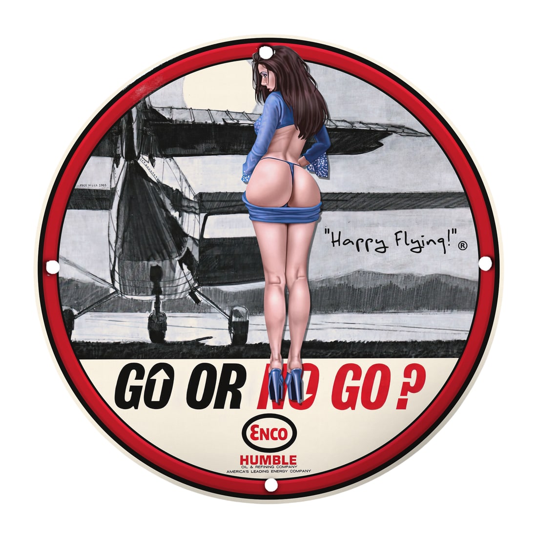 Vintage Pinup Girl Aviation Art: Go or No Go? - 12" Porcelain Sign: This stunning 12-inch round porcelain sign features a vibrant and tantalizing pinup girl artwork that will be the center of attention in any collection or display. The artwork captures a playful momen