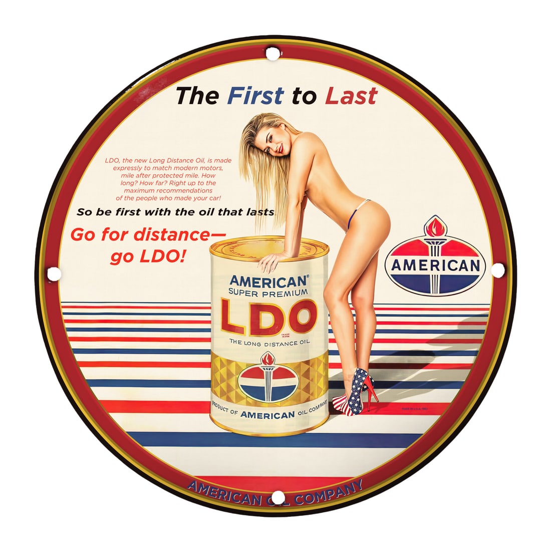 Vintage Pinup Art: 12" Round Porcelain Sign - American Super Premium LDO Oil: Discover the allure of nostalgia with this stunning 12-inch round porcelain sign featuring an iconic pinup girl promoting American Super Premium LDO Oil. Perfect for collectors and enthusiasts of vint