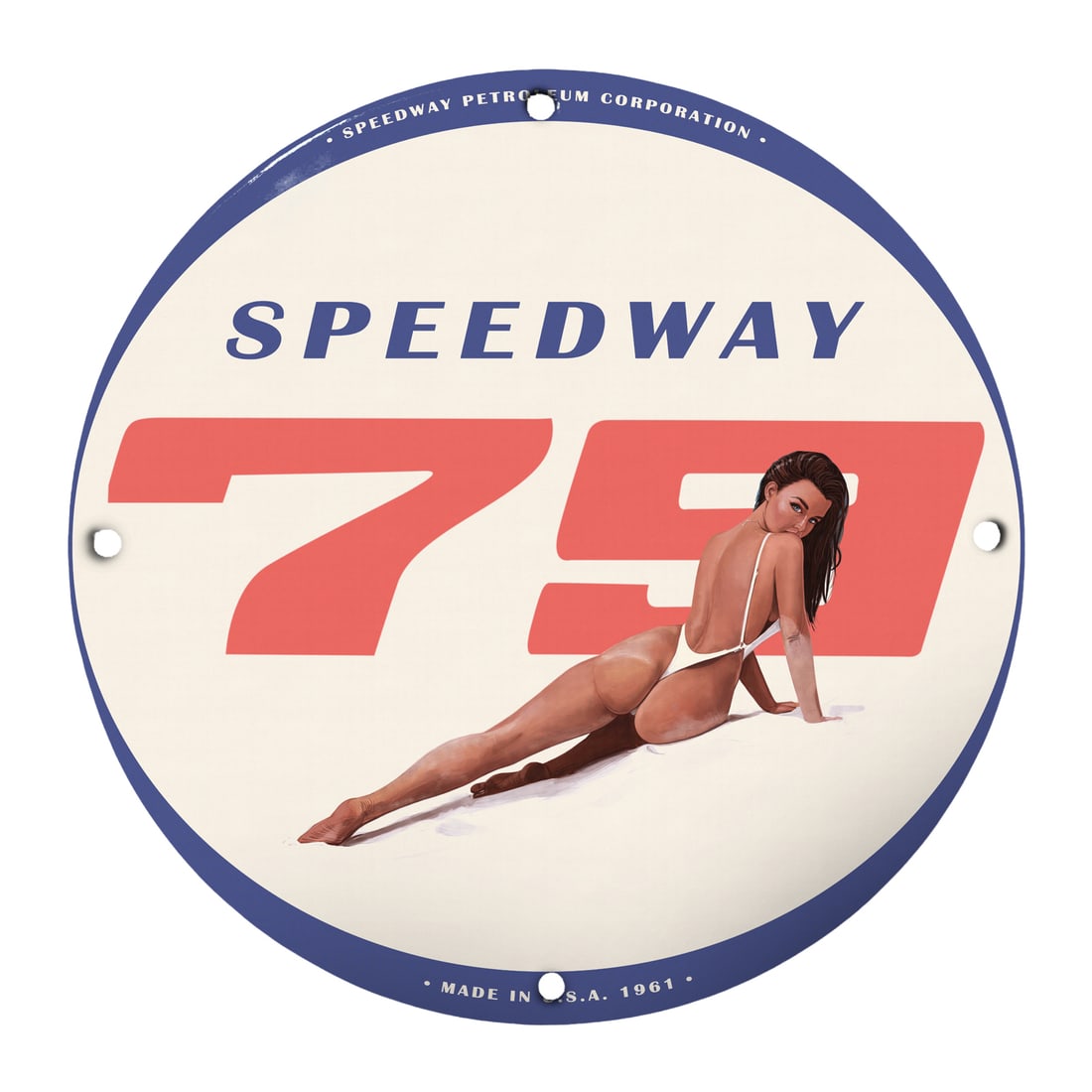 Vintage Speedway 79 Pinup Girl Porcelain Sign ? Classic Americana Art: Discover an iconic piece of Americana with this Vintage Speedway 79 Pinup Girl Porcelain Sign. Measuring 12 inches in diameter, this round sign is not only a stunning decorative piece but a collectibl