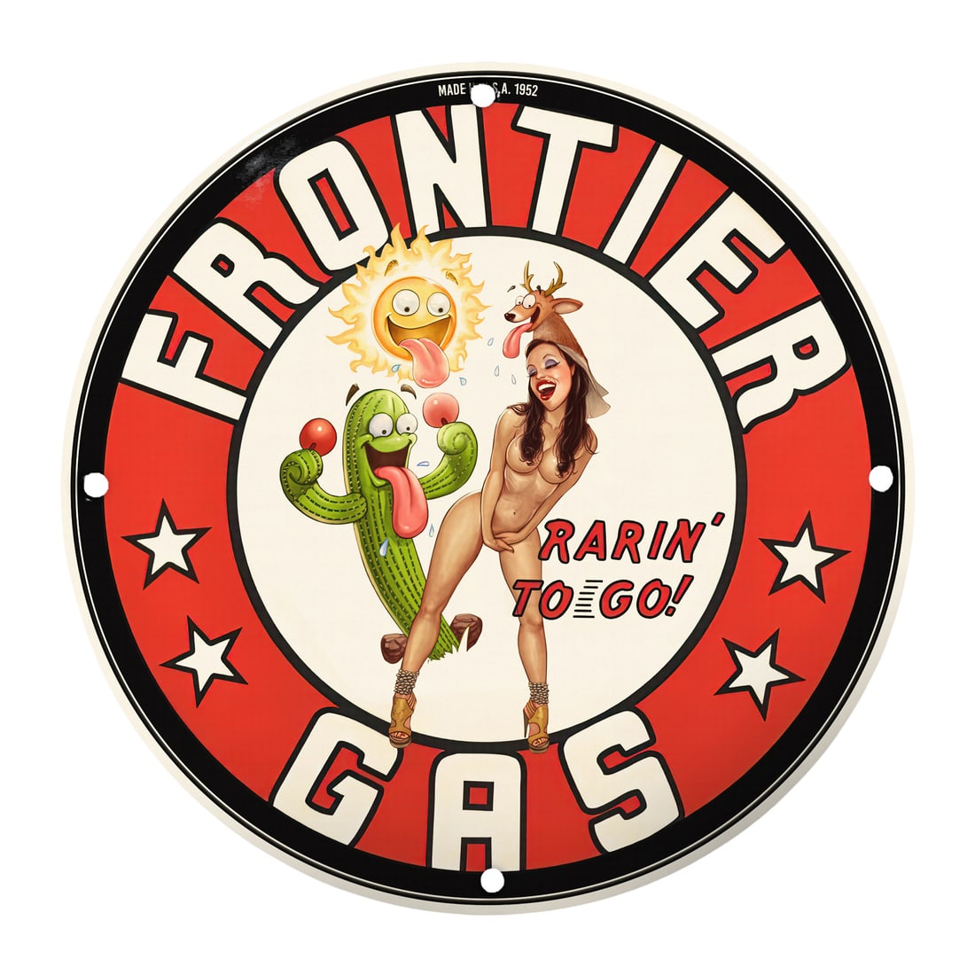 Vintage Frontier Gas Pinup Girl Porcelain Sign - Rarin' to Go!: Elevate your decor with this stunning 12-inch round porcelain sign featuring a nostalgic Frontier Gas pinup girl design. Perfect for collectors and vintage enthusiasts, this sign captures the quirky a