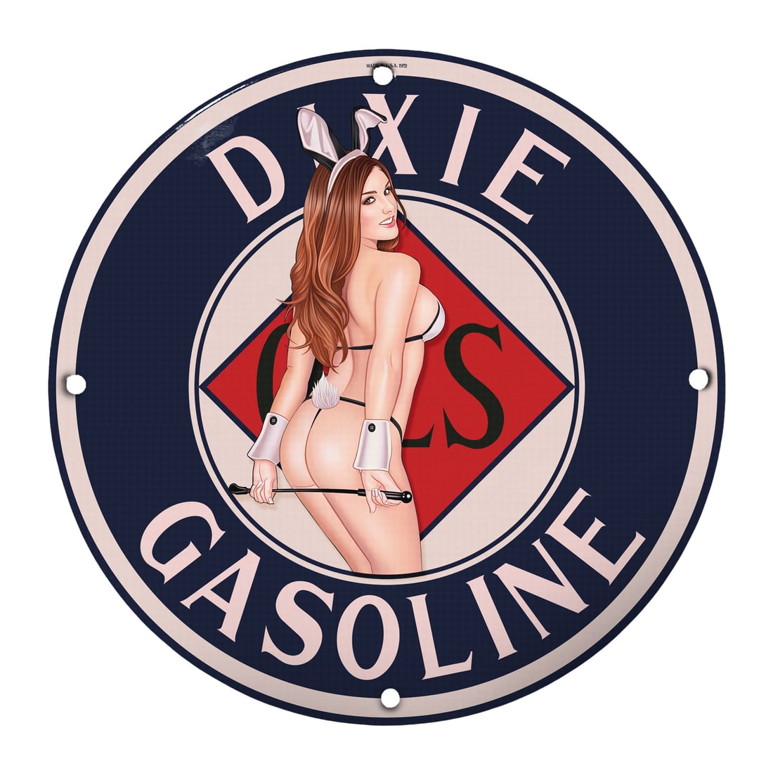 Vintage 12" Porcelain Pinup Girl Sign - Dazzling Dixie Gasoline Art: Elevate your collection with this exquisite 12-inch round porcelain sign featuring a stunning pinup girl modeled after classic Americana art. Perfectly capturing the charm and allure of the vintage er