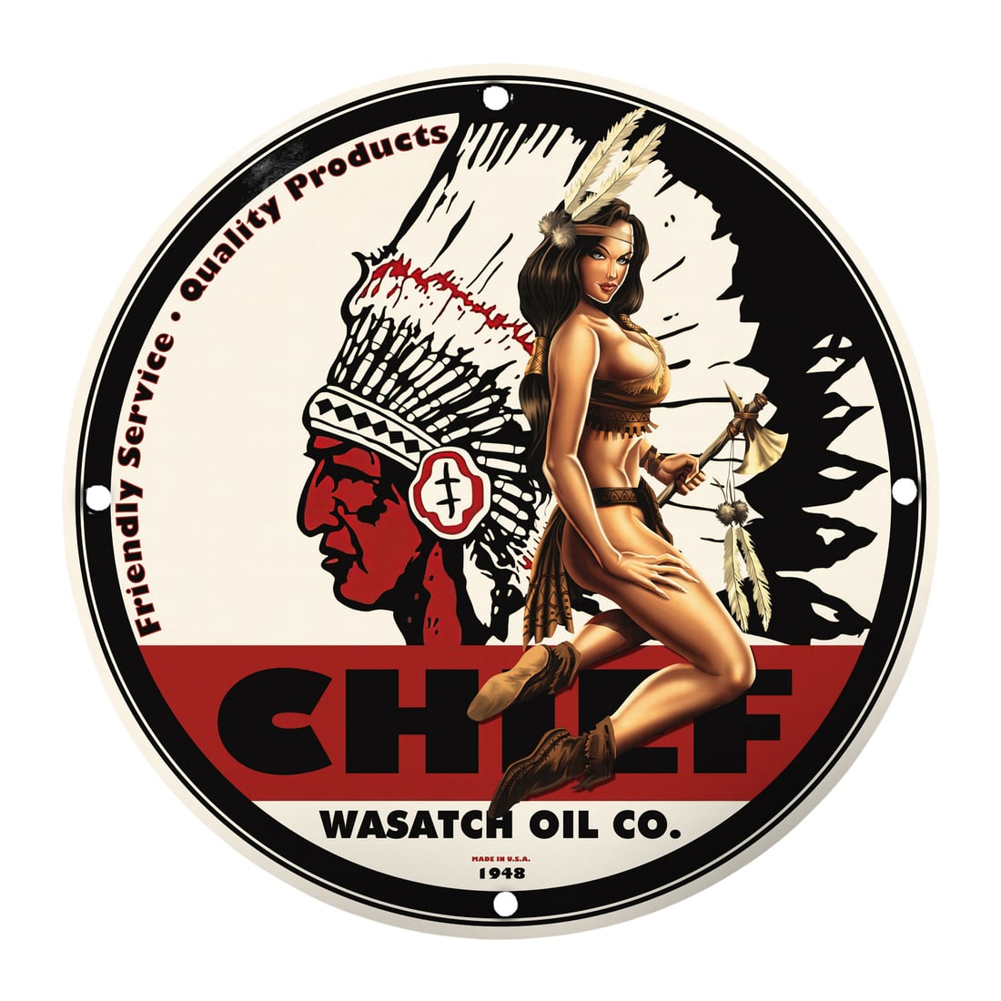 Vintage Pinup Girl Sign: Chief Wasatch Oil Co. 12" Porcelain Decor: Discover the charm of the past with this stunning 12-inch round porcelain sign featuring a vintage pinup girl design. This nostalgic piece combines both artistry and functionality, making it a perfect