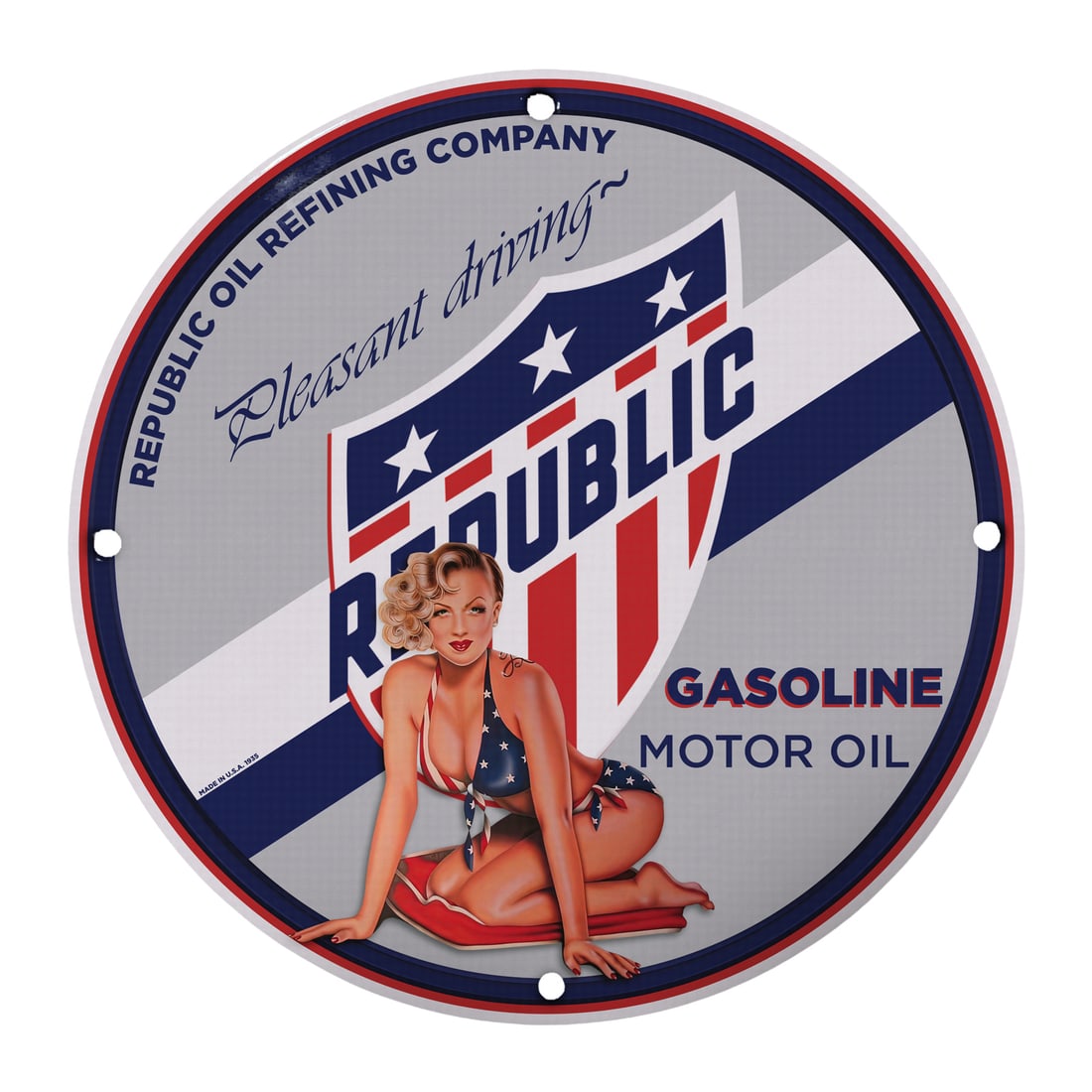 Vintage Republic Oil Refining Company Pinup Girl Porcelain Sign - Gasoline & Motor Oil: Discover the charm and nostalgia of classic Americana with our 12-inch round porcelain pinup girl model sign, showcasing the iconic logo of the Republic Oil Refining Company. This stunning piece featu