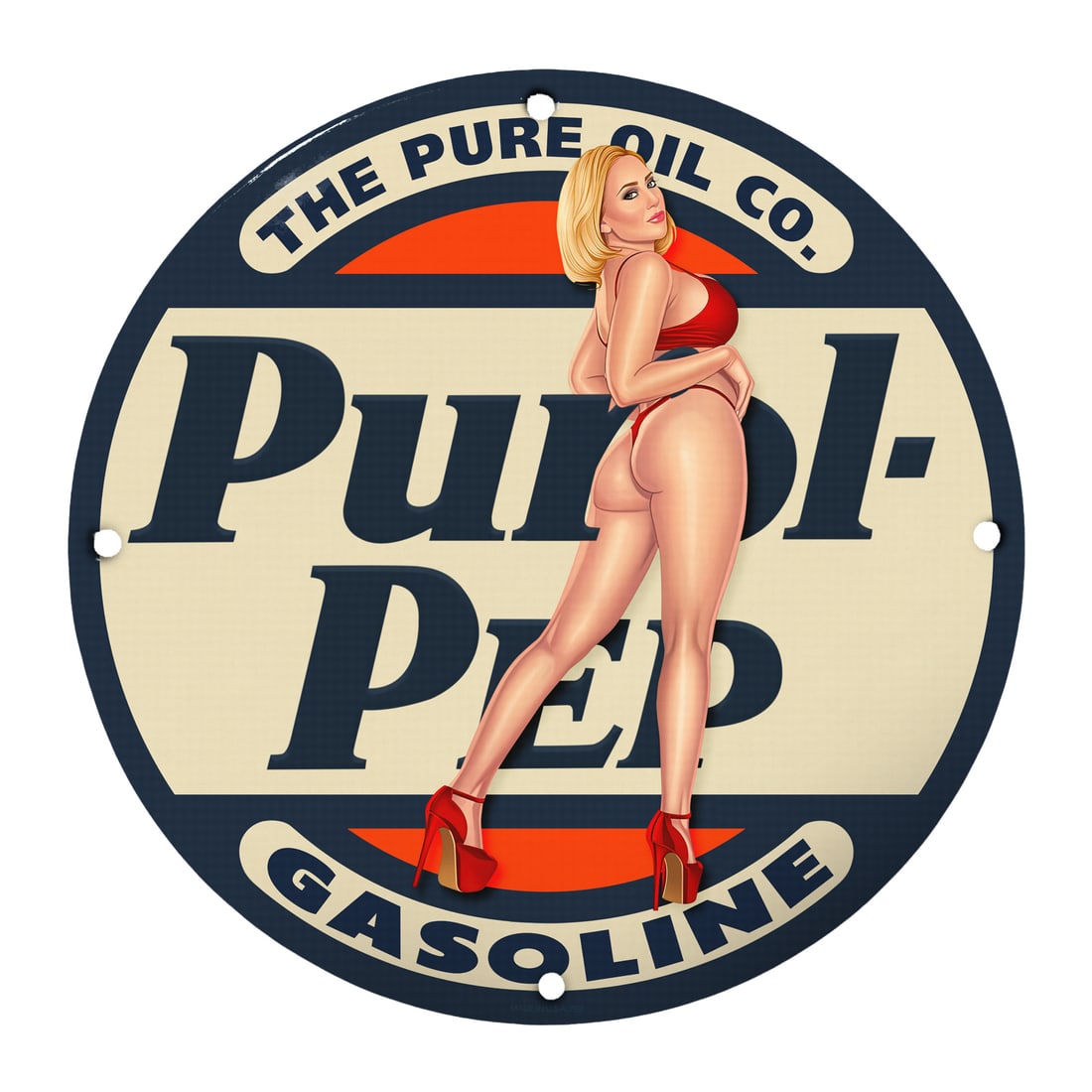 Vintage Pinup Girl Porcelain Sign - Pure Oil Co. Gasoline Art D?cor: Discover the charm of classic Americana with this stunning 12-inch round porcelain sign featuring a captivating pinup girl design. This unique piece pays homage to the nostalgia of vintage gas station