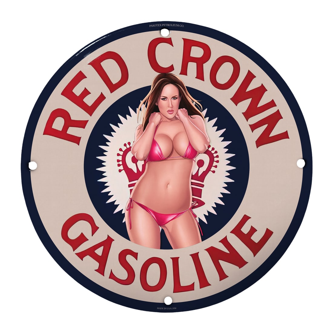 Vintage Red Crown Gasoline Pinup Girl Porcelain Sign ? Retro Chic Decor: Elevate your collection with this striking 12-inch round porcelain sign featuring a stunning pinup girl in a playful pose. Adorned in a vibrant pink bikini, this eye-catching sign showcases the classi
