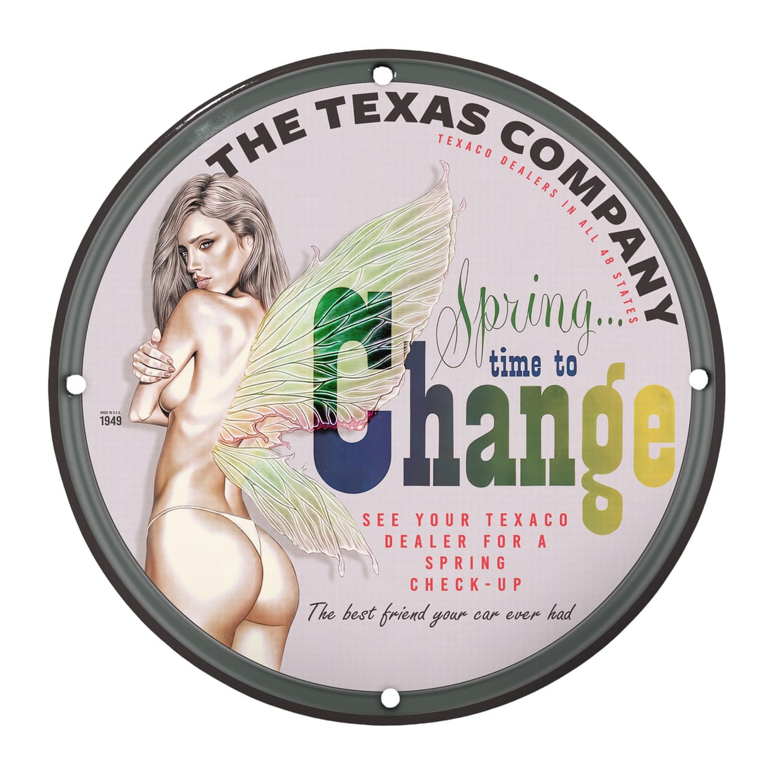 Vintage Texaco Pinup Sign - Spring Time to Change 12" Round Porcelain: Step back into a time of classic advertising with this exquisite 12-inch round porcelain pinup girl model sign from The Texas Company. Dating back to 1949, this vibrant piece portrays a stunning pinup