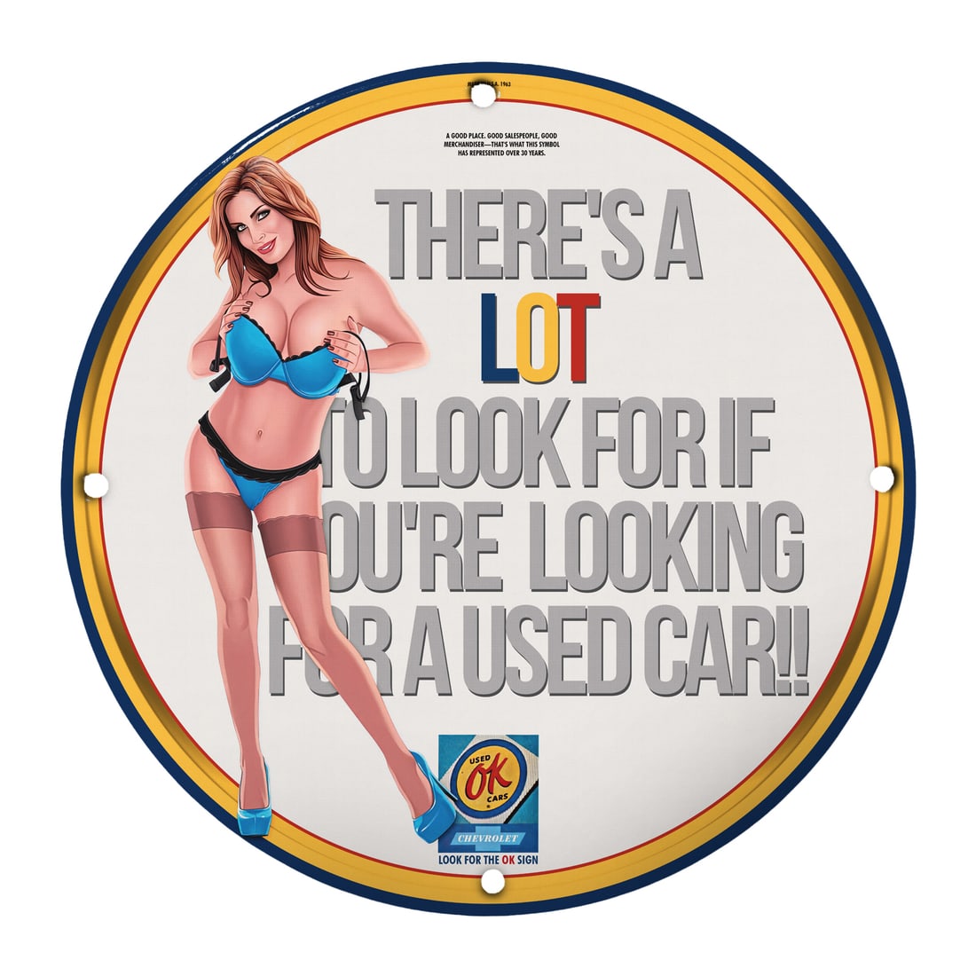 Vintage 12-Inch Round Porcelain Pinup Girl Sign: Used Car Ad with Humor: Experience a nostalgic throwback to classic advertising with this stunning 12-inch round porcelain pinup girl sign. Featuring a playful and eye-catching design, this sign combines the charm of vintage