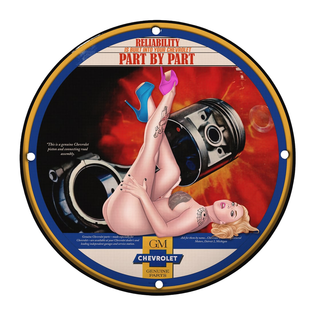 Vintage Chevrolet Pin-Up Girl 12" Porcelain Sign ? Reliability Built In: Elevate your garage or man cave with this stunning 12-inch round porcelain sign featuring a captivating vintage pin-up girl design, symbolic of the Chevrolet legacy. This sign encapsulates both the ch